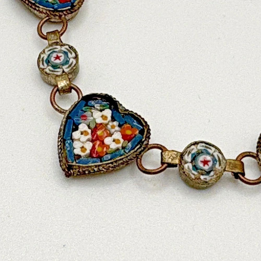 Vintage Italian Micro Mosaic Heart Bracelet Blue Floral Dainty Italy 7
